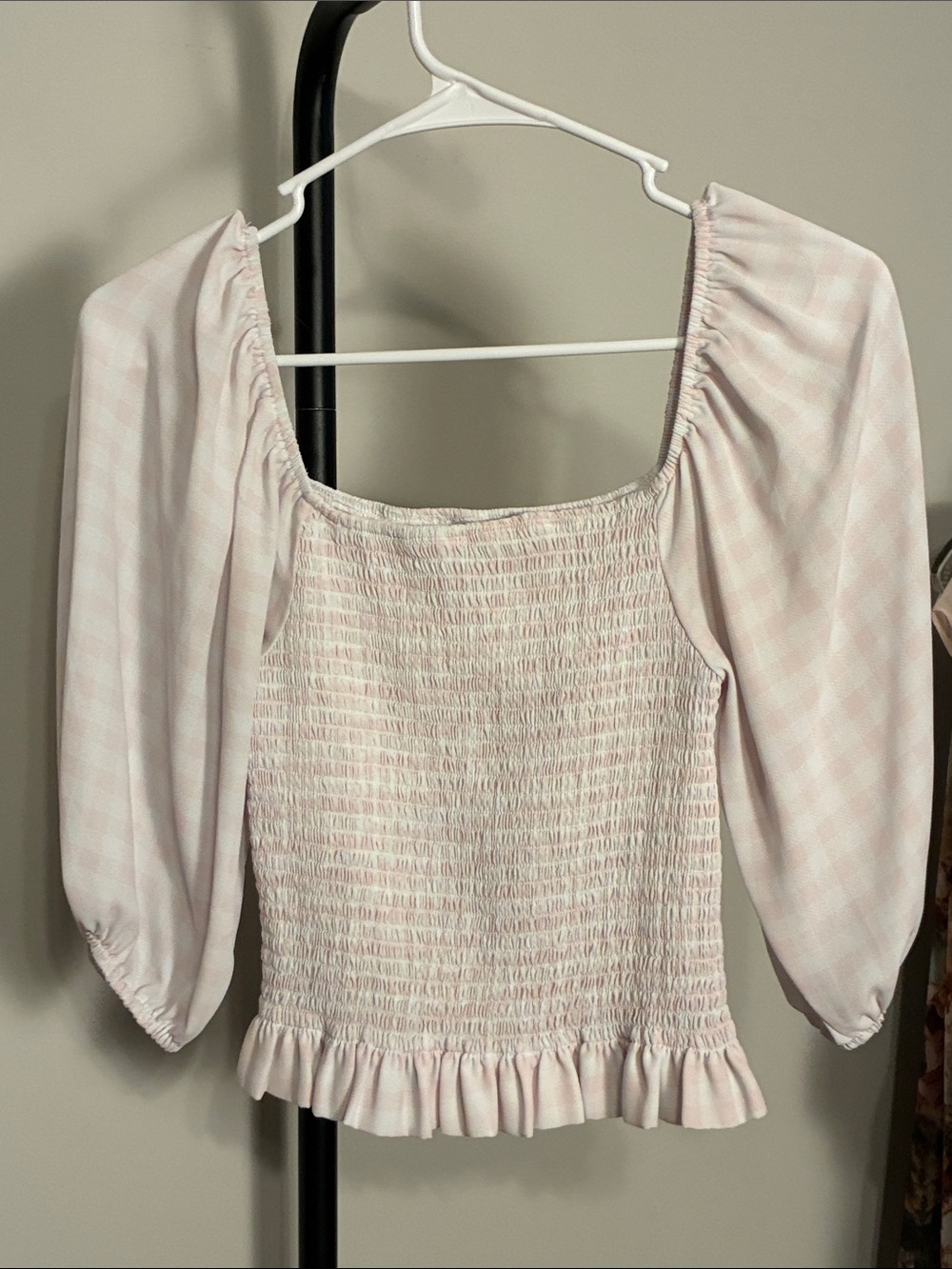 June & Ivy Smocked Square-Neck Peasant‎ Top - Light Pink Gingham Small